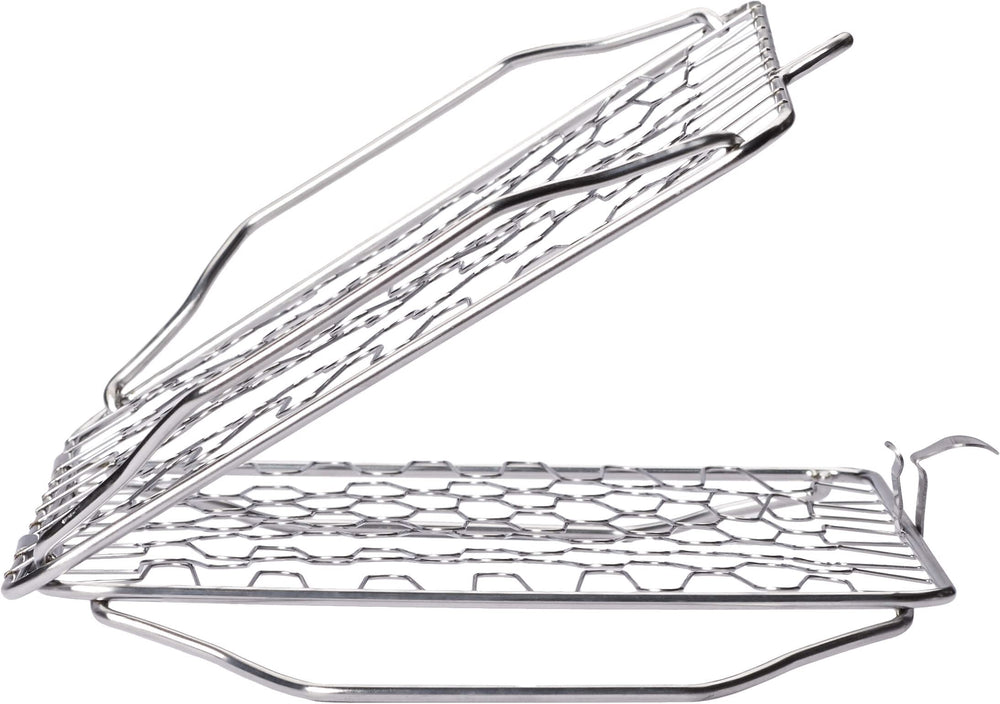 Napoleon flexible grill basket front view showing full basket and benefits of secure grilling