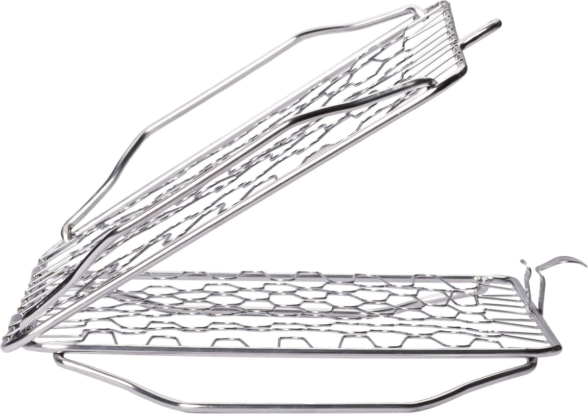 Napoleon flexible grill basket front view showing full basket and benefits of secure grilling