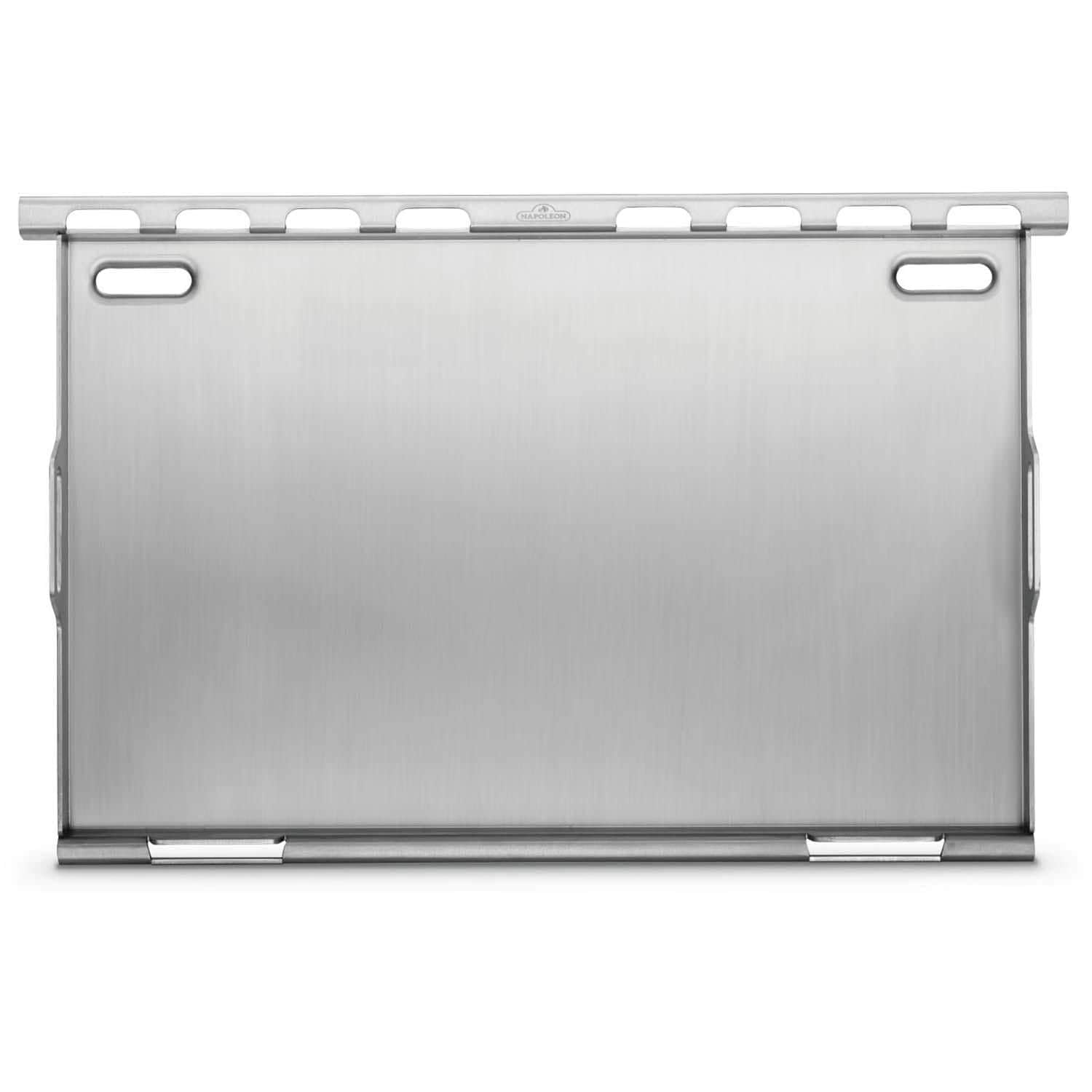 Napoleon griddle front view showing full stainless surface and sturdy edges for even searing