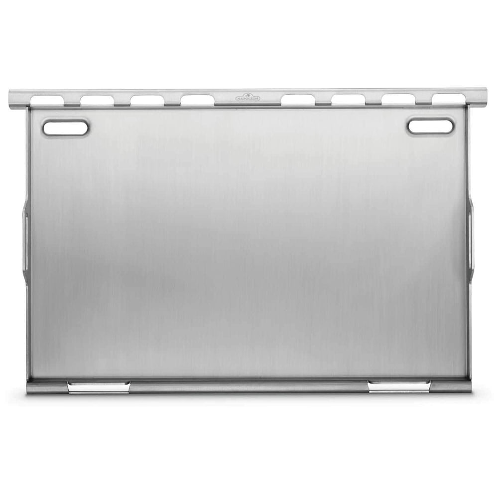 Napoleon griddle front view showing full stainless surface and sturdy edges for even searing