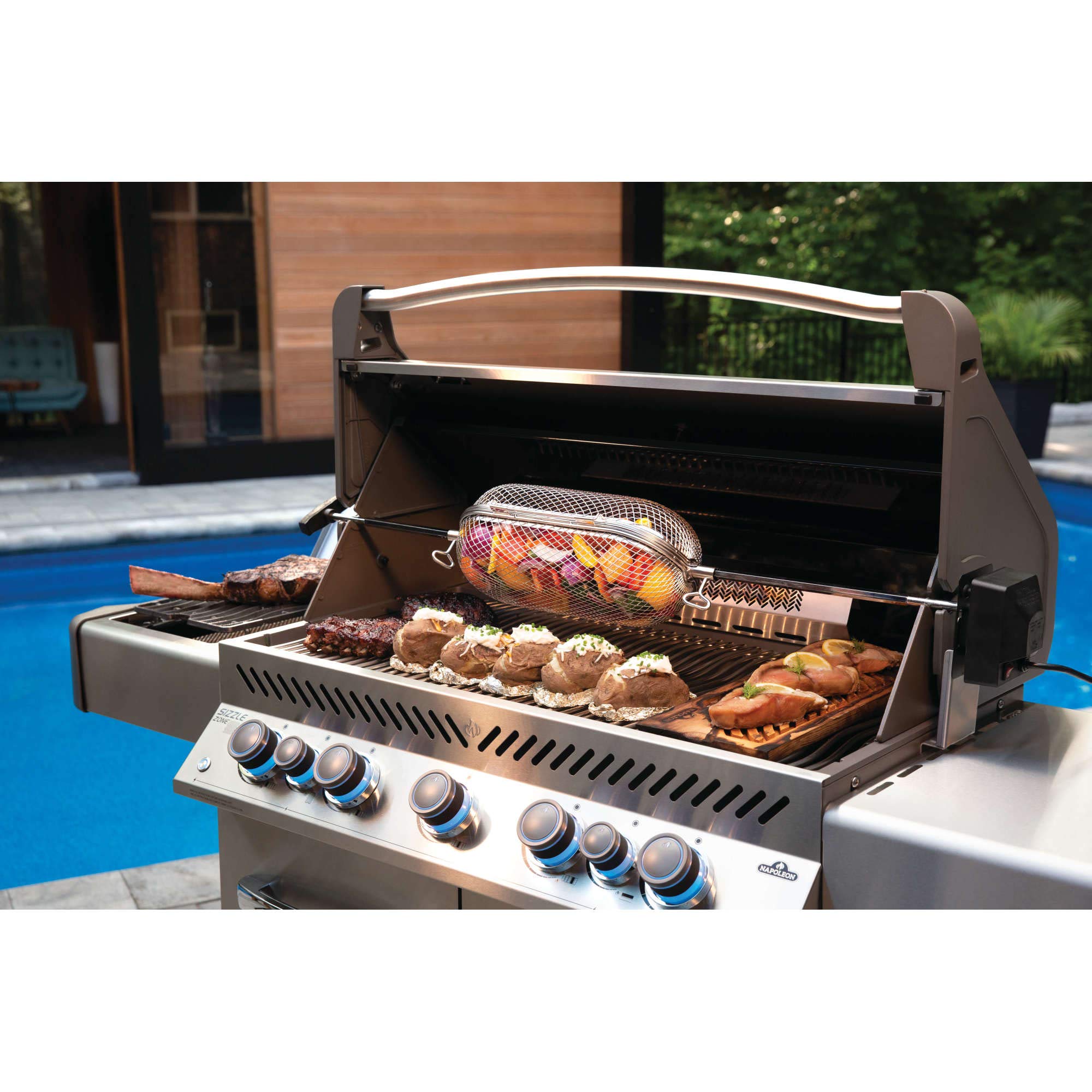 Napoleon rotisserie basket stainless steel close-up for easy cleaning benefit