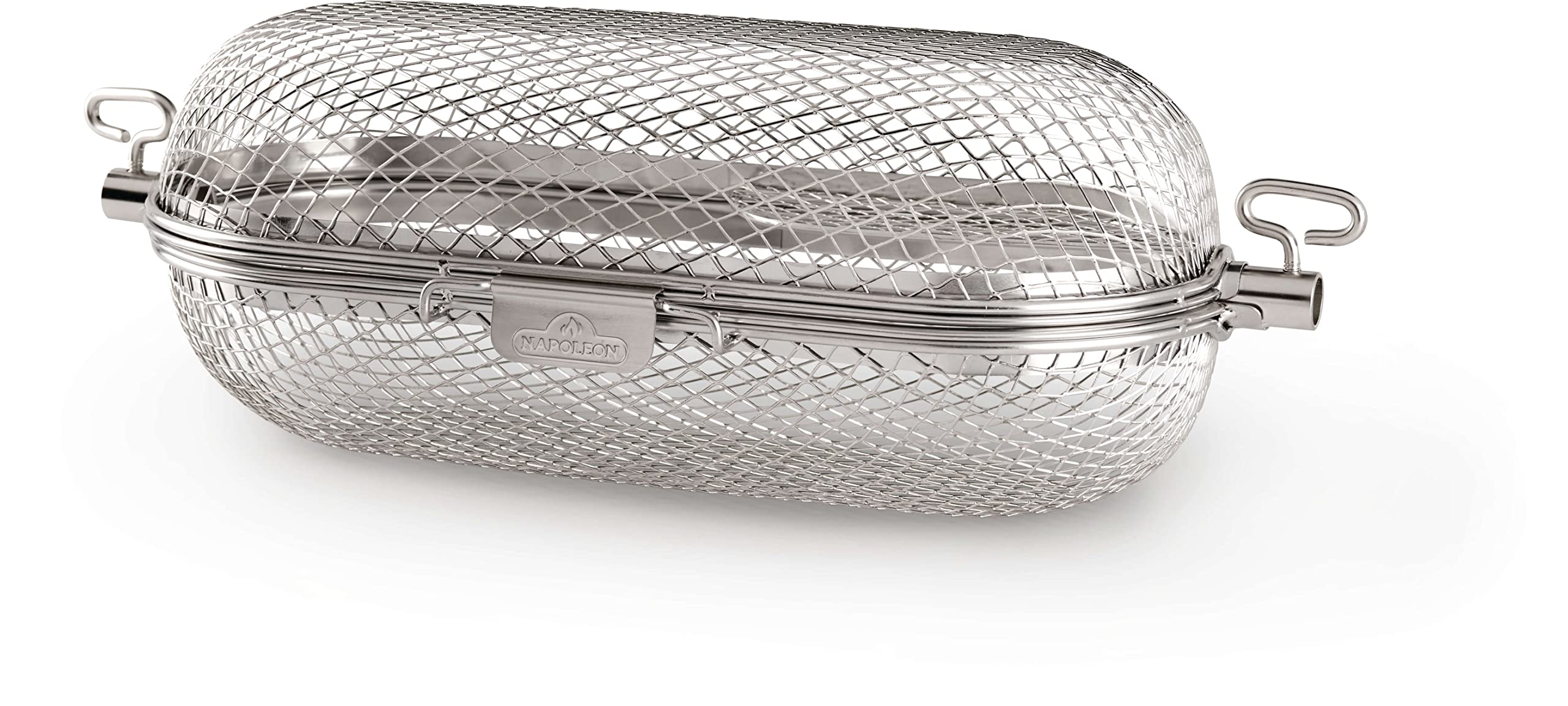 Napoleon rotisserie basket front view showing secure rod ports and large capacity