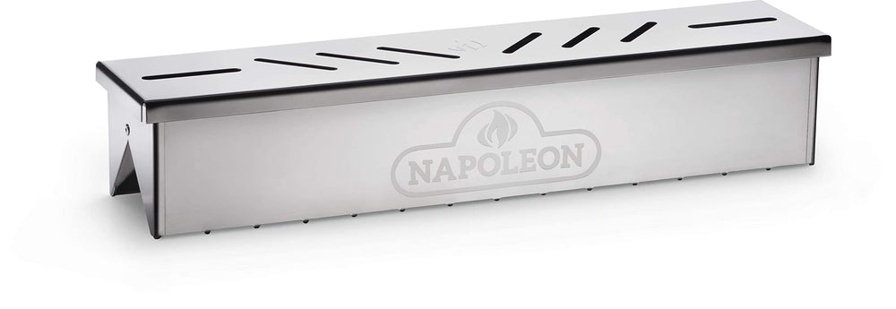 Napoleon smoker box front view showing durable stainless steel and easy placement benefit