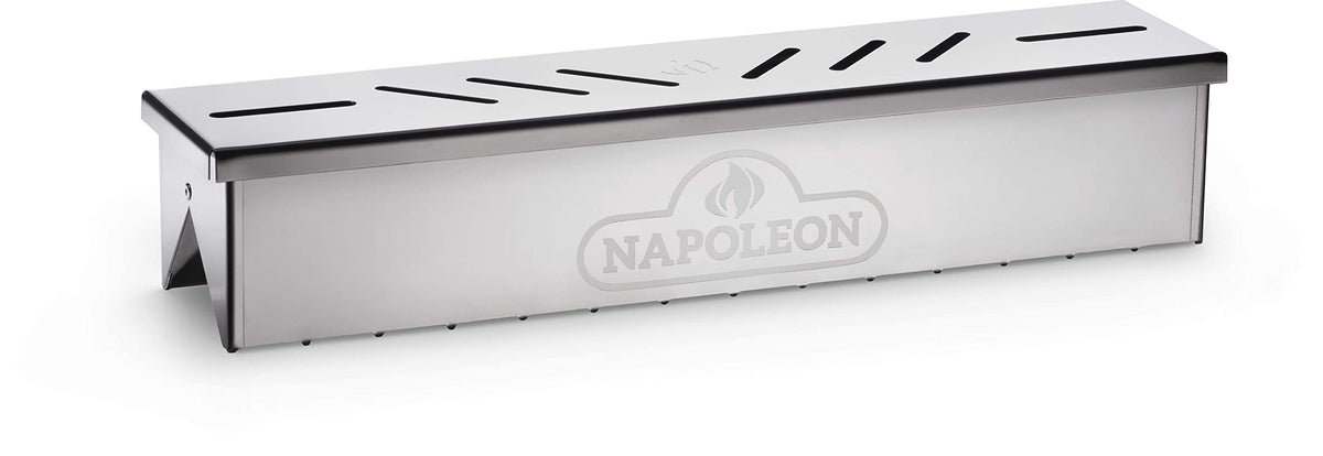 Napoleon smoker box front view showing durable stainless steel and easy placement benefit