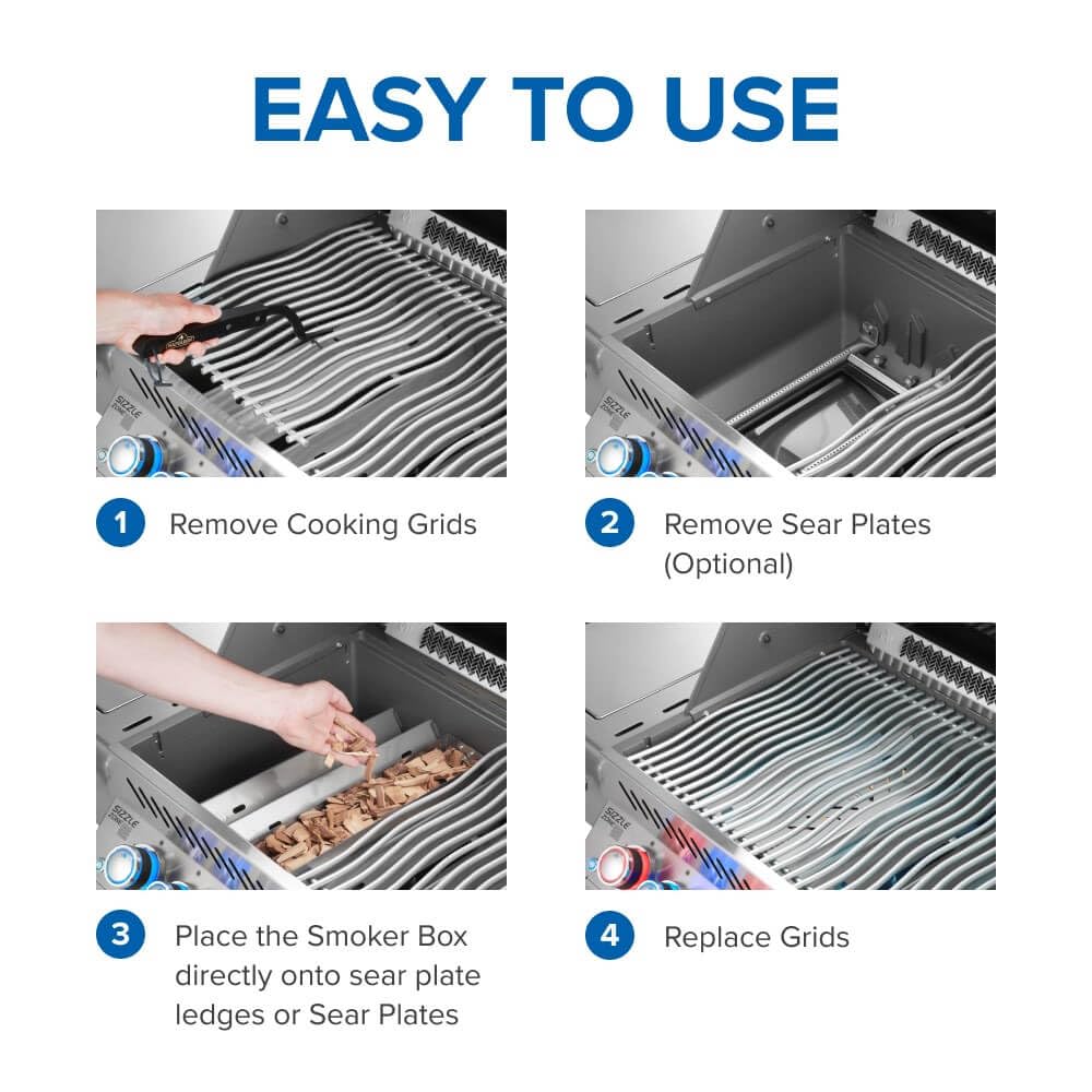 Napoleon smoker box positioned on sear plate in grill for easy installation benefit