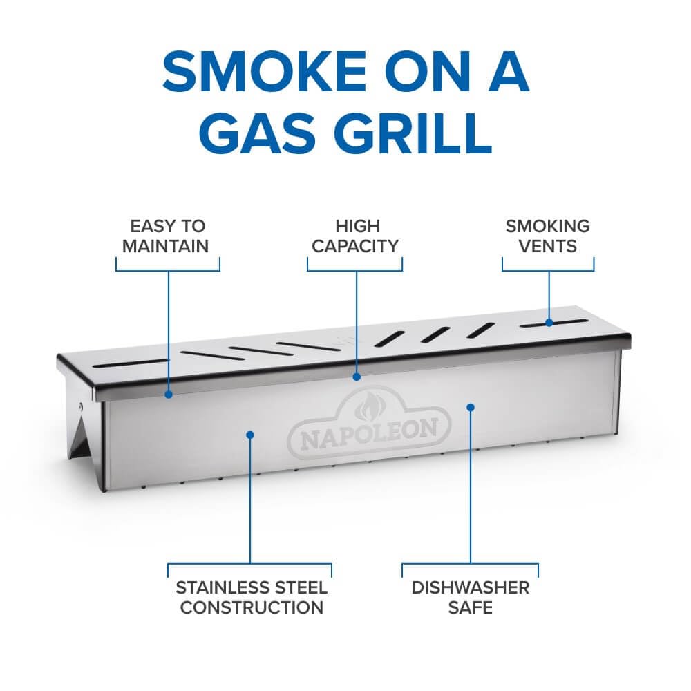 Napoleon smoker box filled with wood chips demonstrating higher capacity benefit