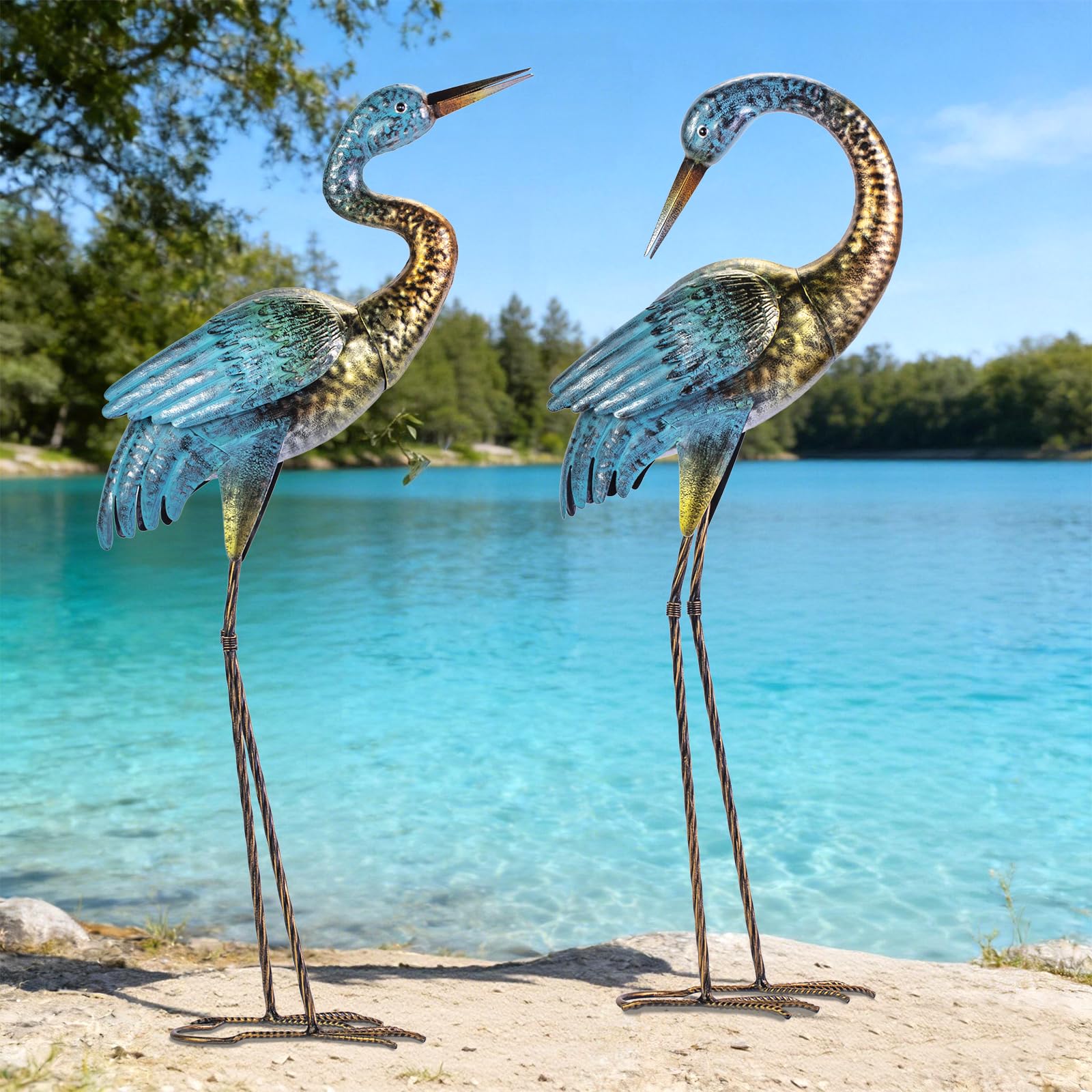 Natelf heron front view showing elegant pose and bright color benefits garden focal point