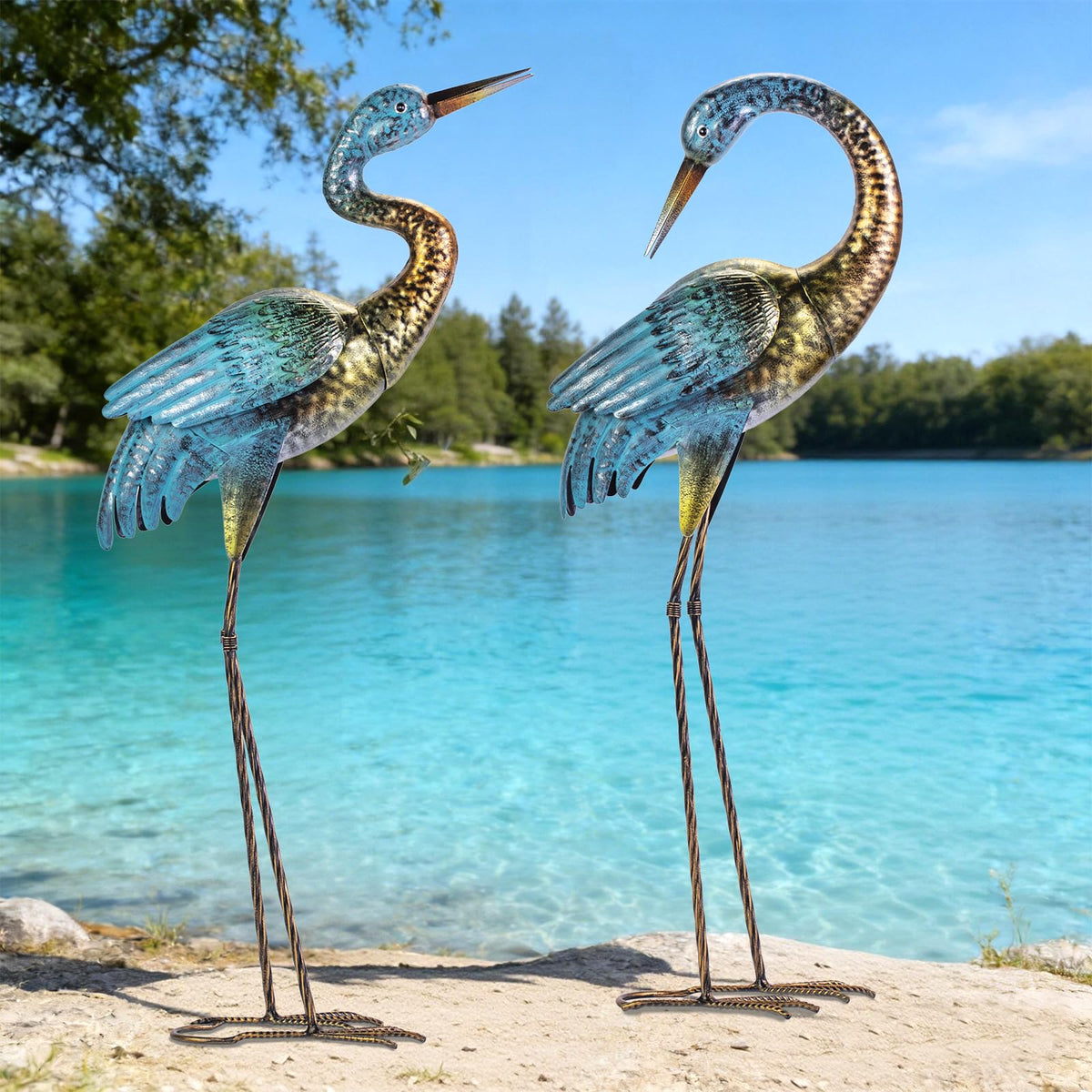 Natelf heron front view showing elegant pose and bright color benefits garden focal point