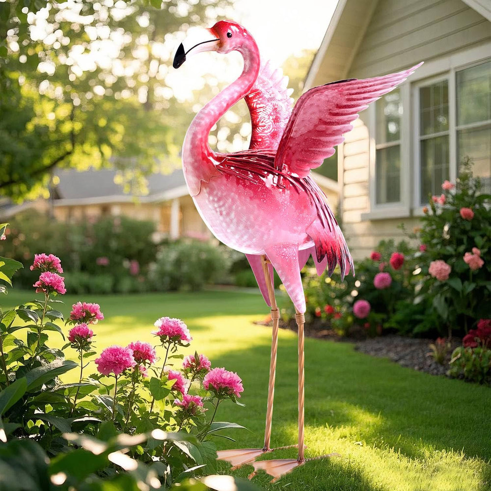 Natelf front view of pink metal flamingo showing bright yard accent