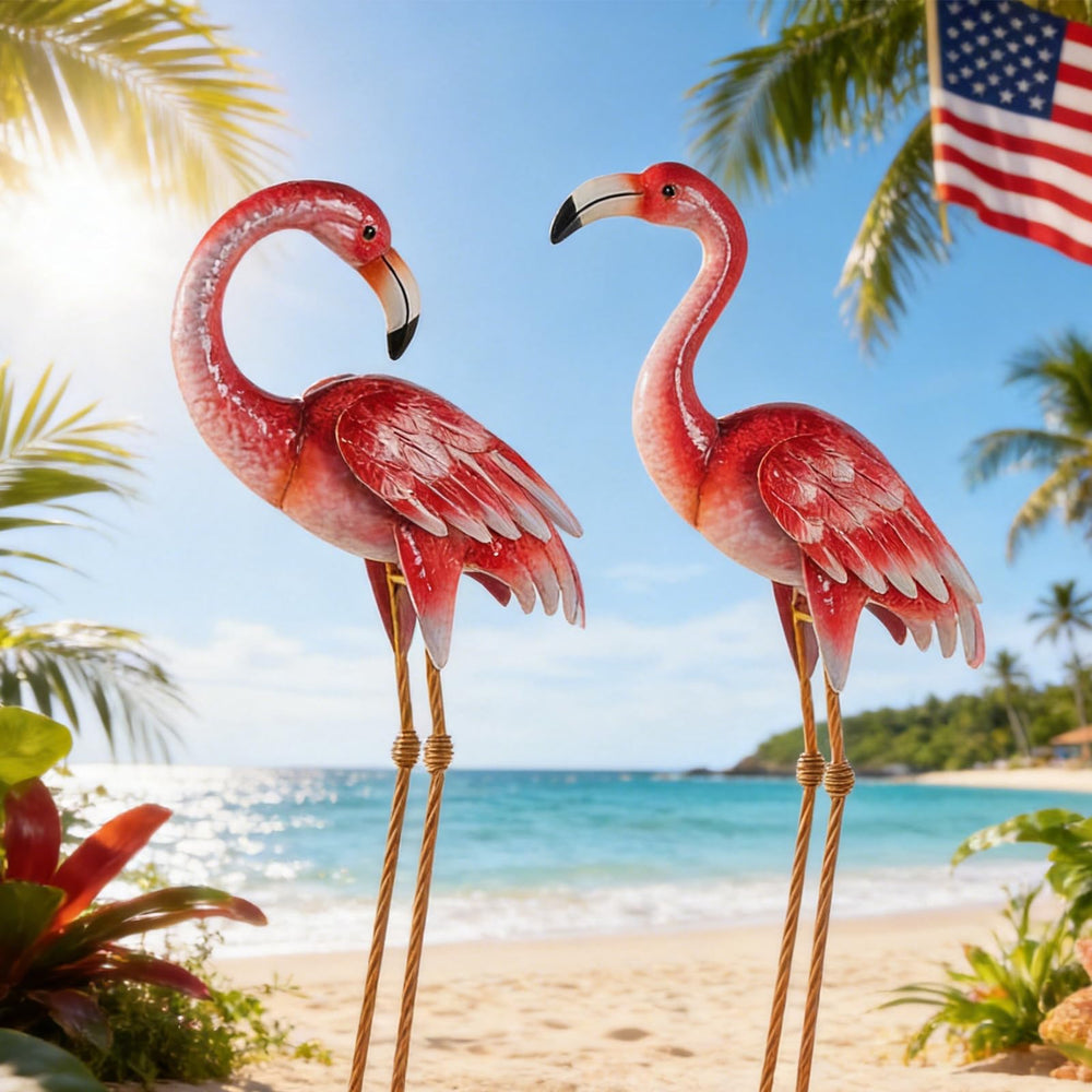 Natelf front view of flamingo pair showing vibrant color and welcoming display