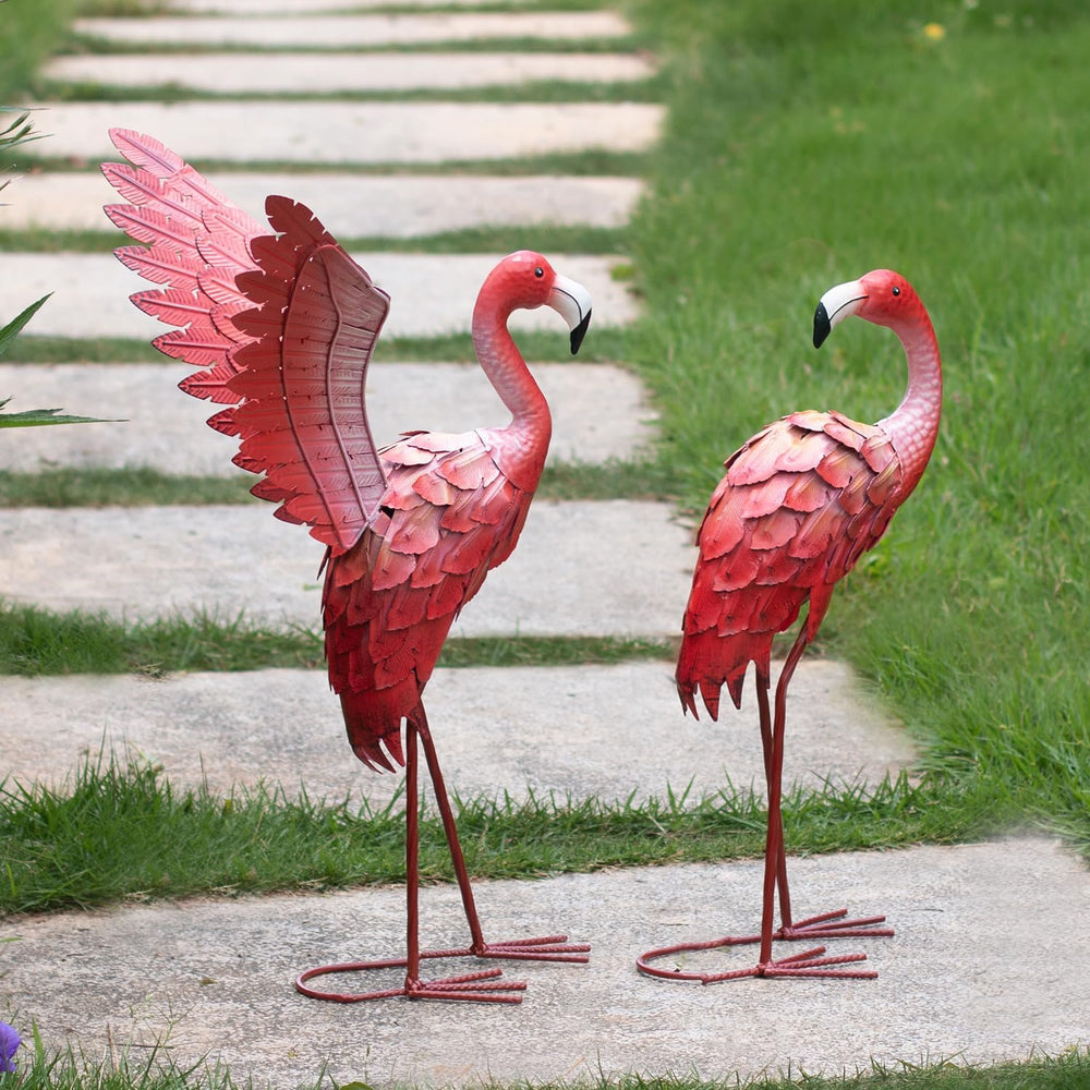 Natelf flamingos staged on patio offering colorful outdoor flair