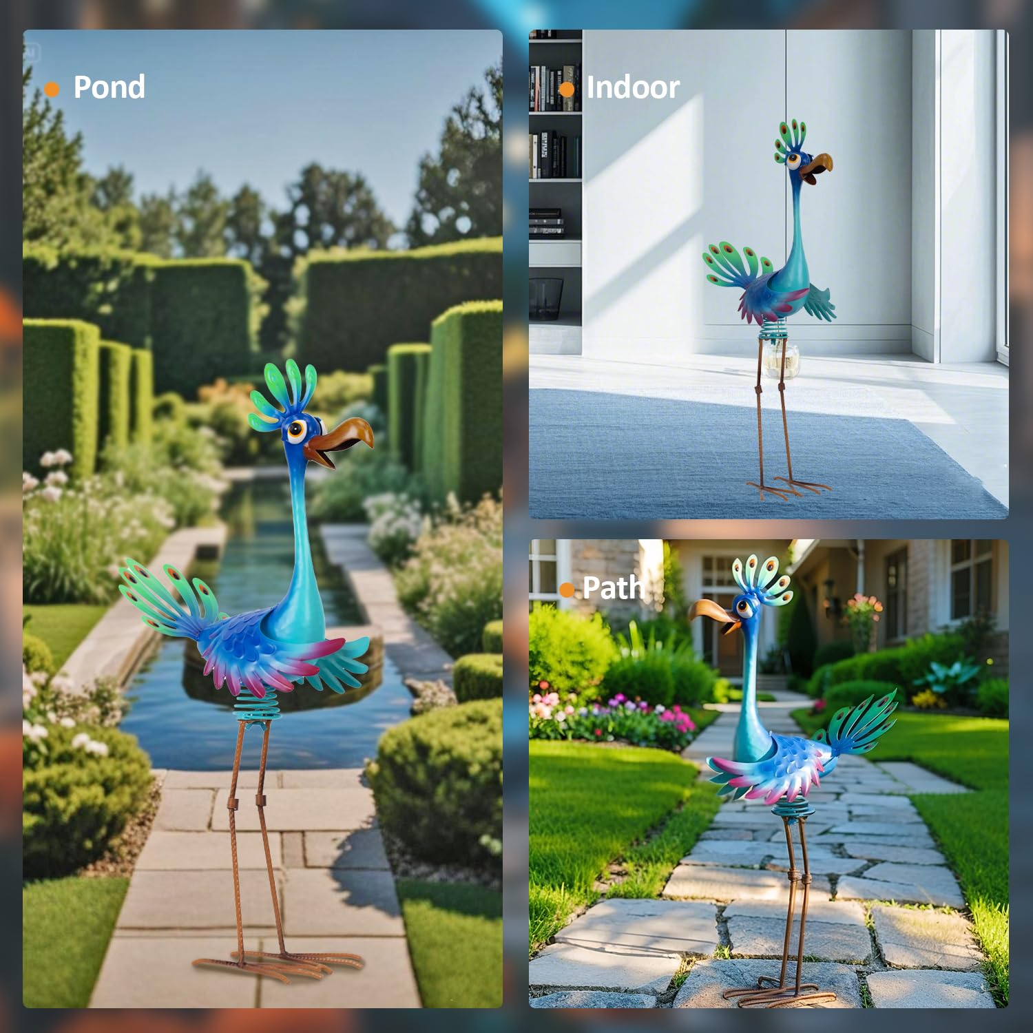 Natelf peacock displayed on patio delivering cheerful focal point