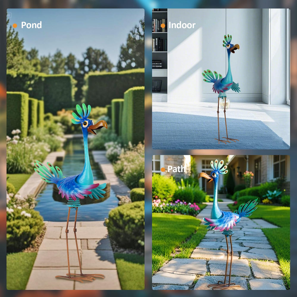 Natelf peacock displayed on patio delivering cheerful focal point