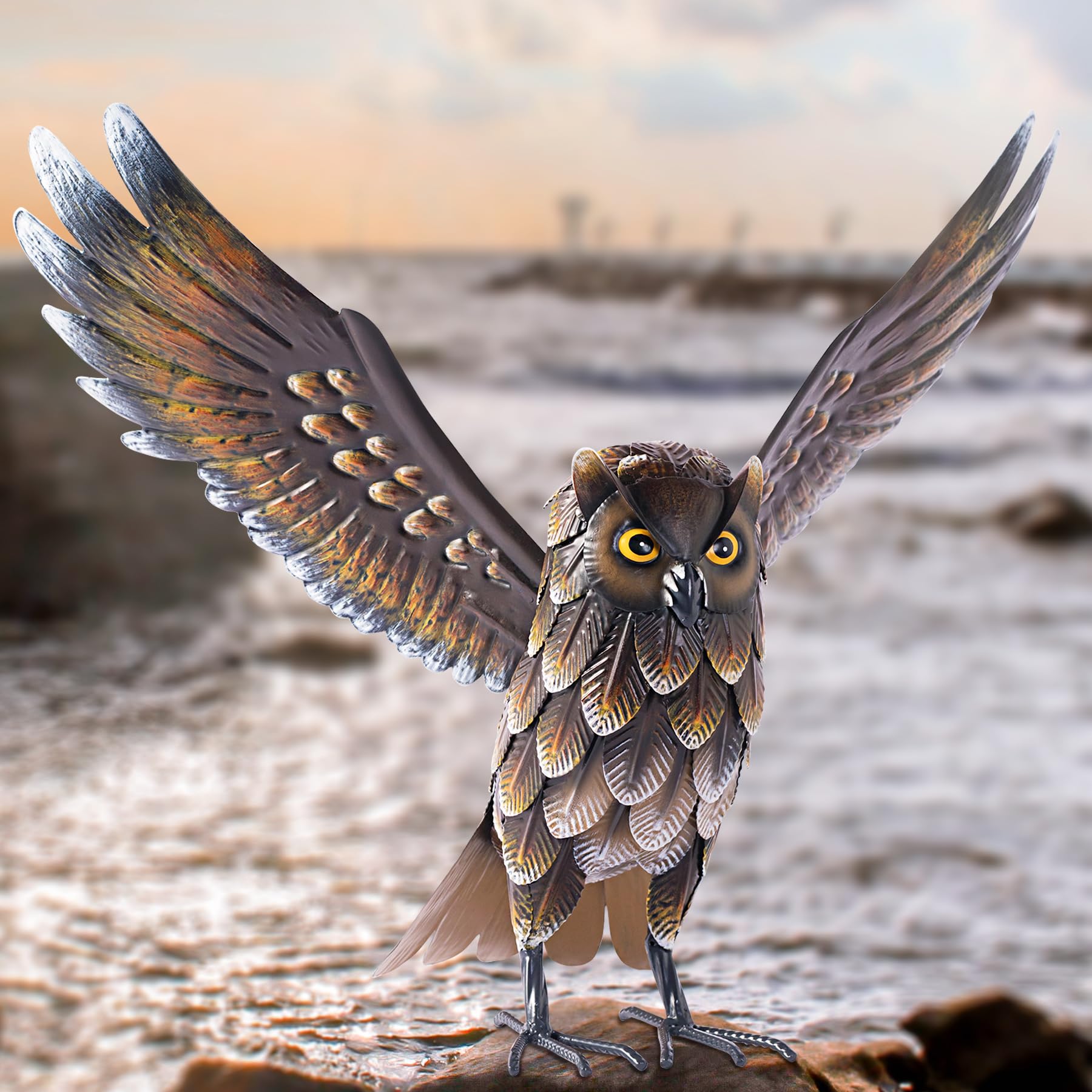 Natelf owl front view showing decorative metal and curb appeal