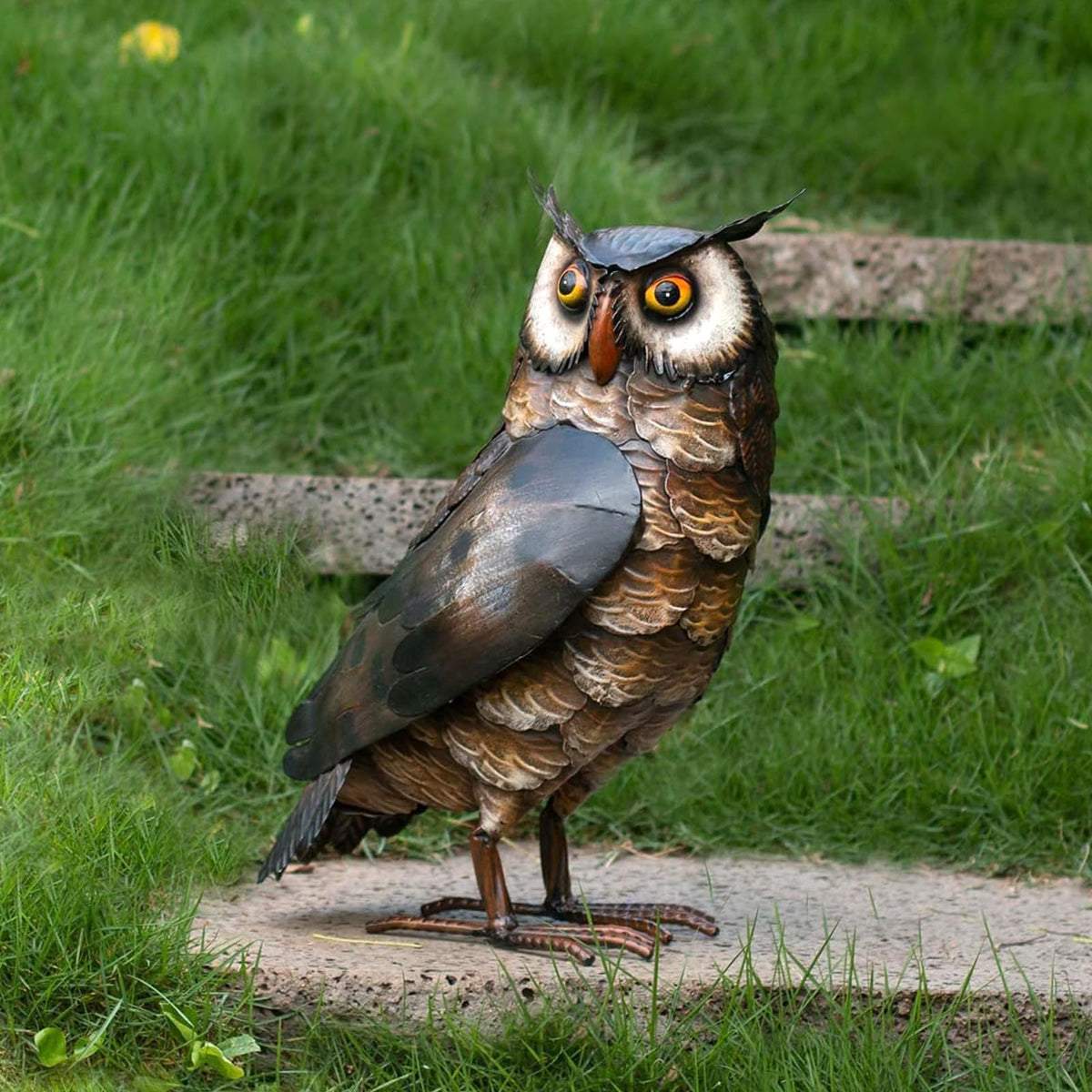 Natelf front view of standing metal owl showing realistic silhouette and curb appeal