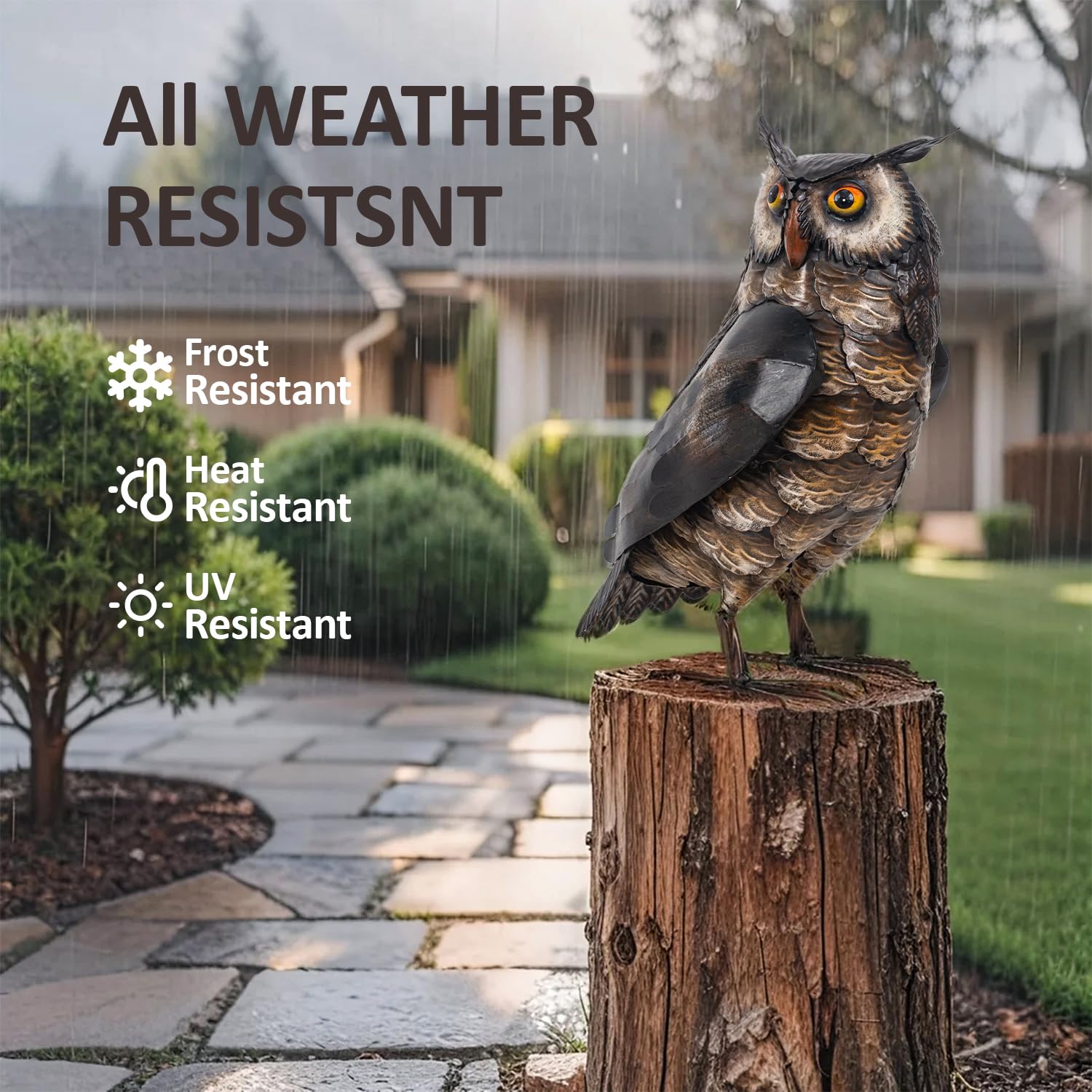 Natelf owl installed in garden deterring small birds while enhancing landscape