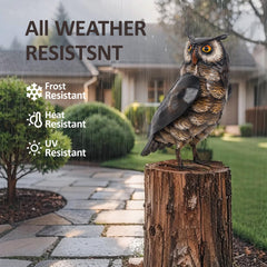 Natelf owl installed in garden deterring small birds while enhancing landscape