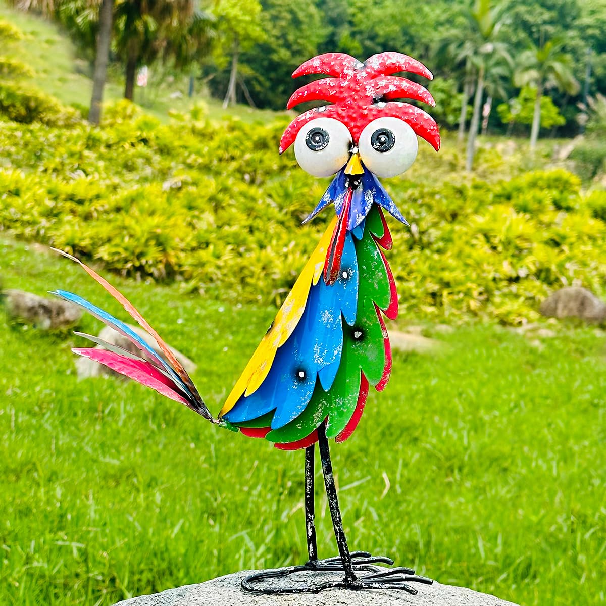 Natelf front view of colorful metal rooster showing cheerful garden accent and curb appeal