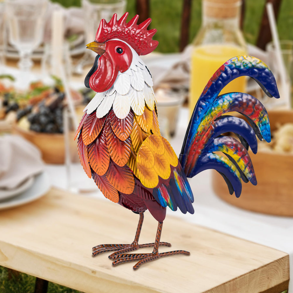 Natelf rooster placed in garden adding vibrant focal point