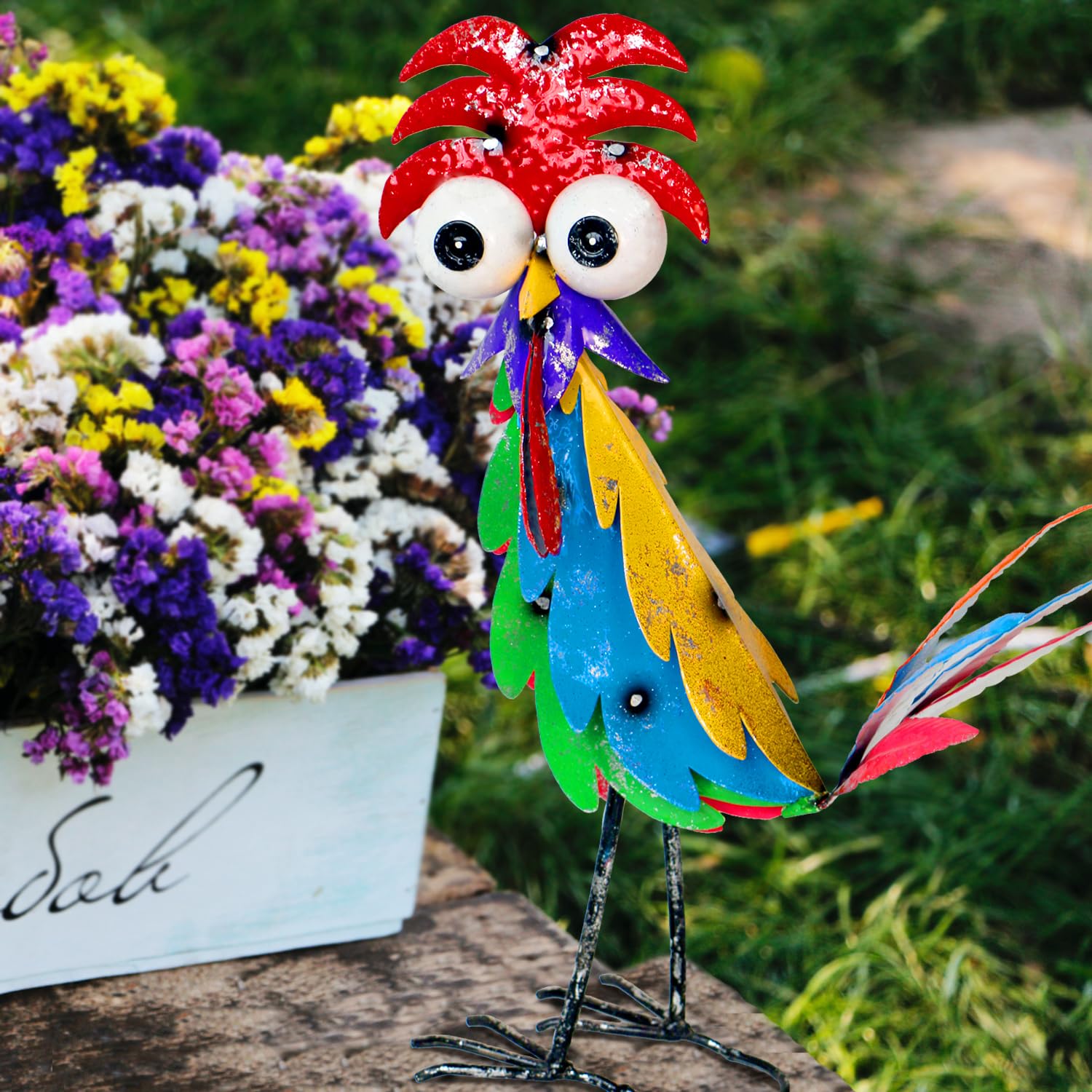 Natelf lifestyle garden scene with rooster creating charm and conversational appeal