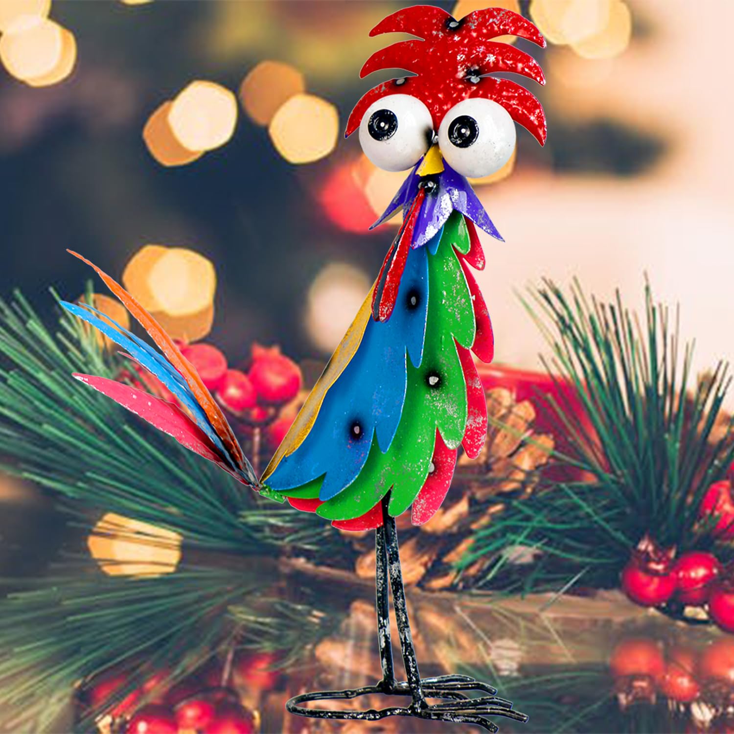Natelf rooster on porch step illustrating easy placement and welcoming decor benefit