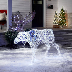 National Tree Company moose lit on a lawn at night, highlights bright cool white LEDs