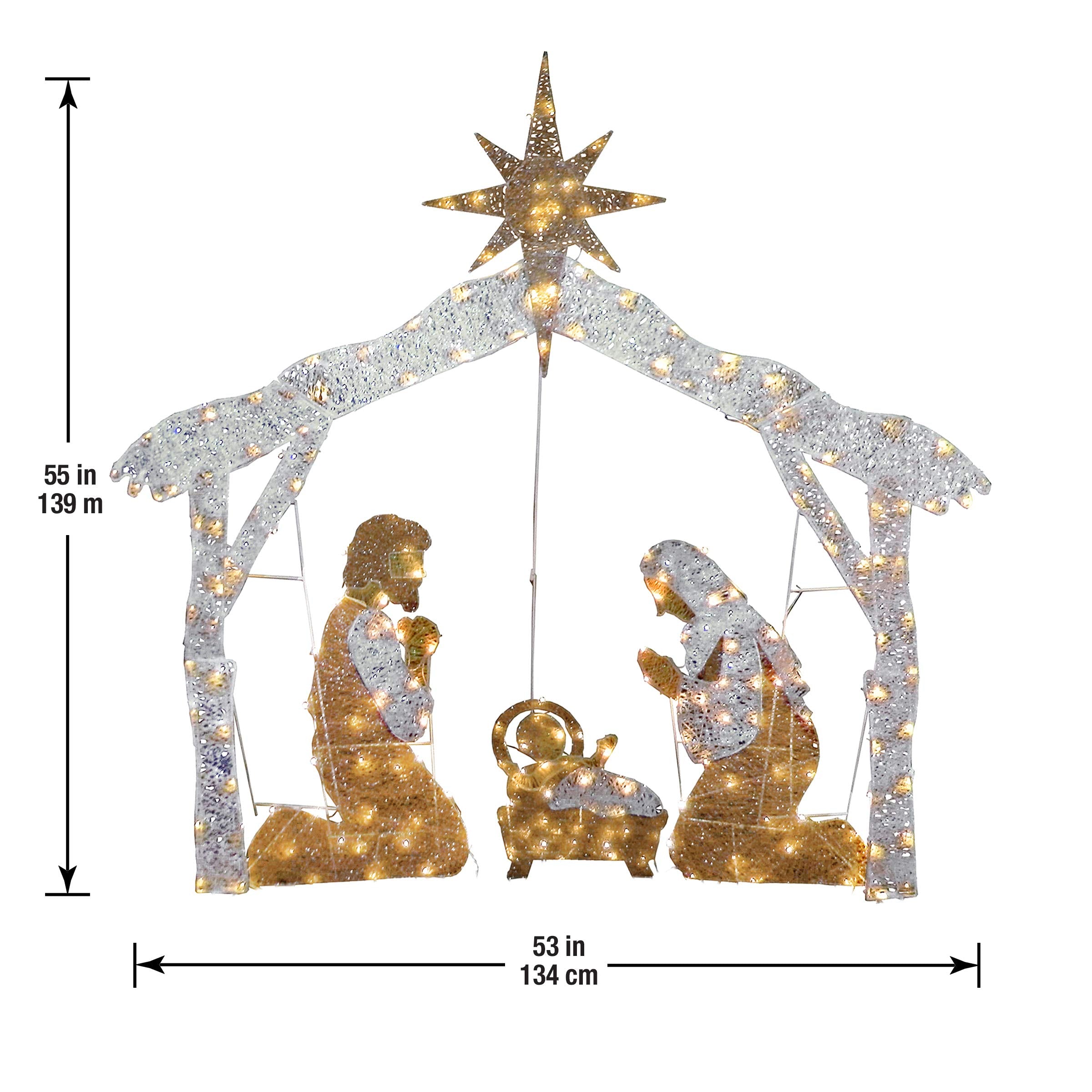 National Tree Company nativity in yard at night showing bright display and curb appeal benefit
