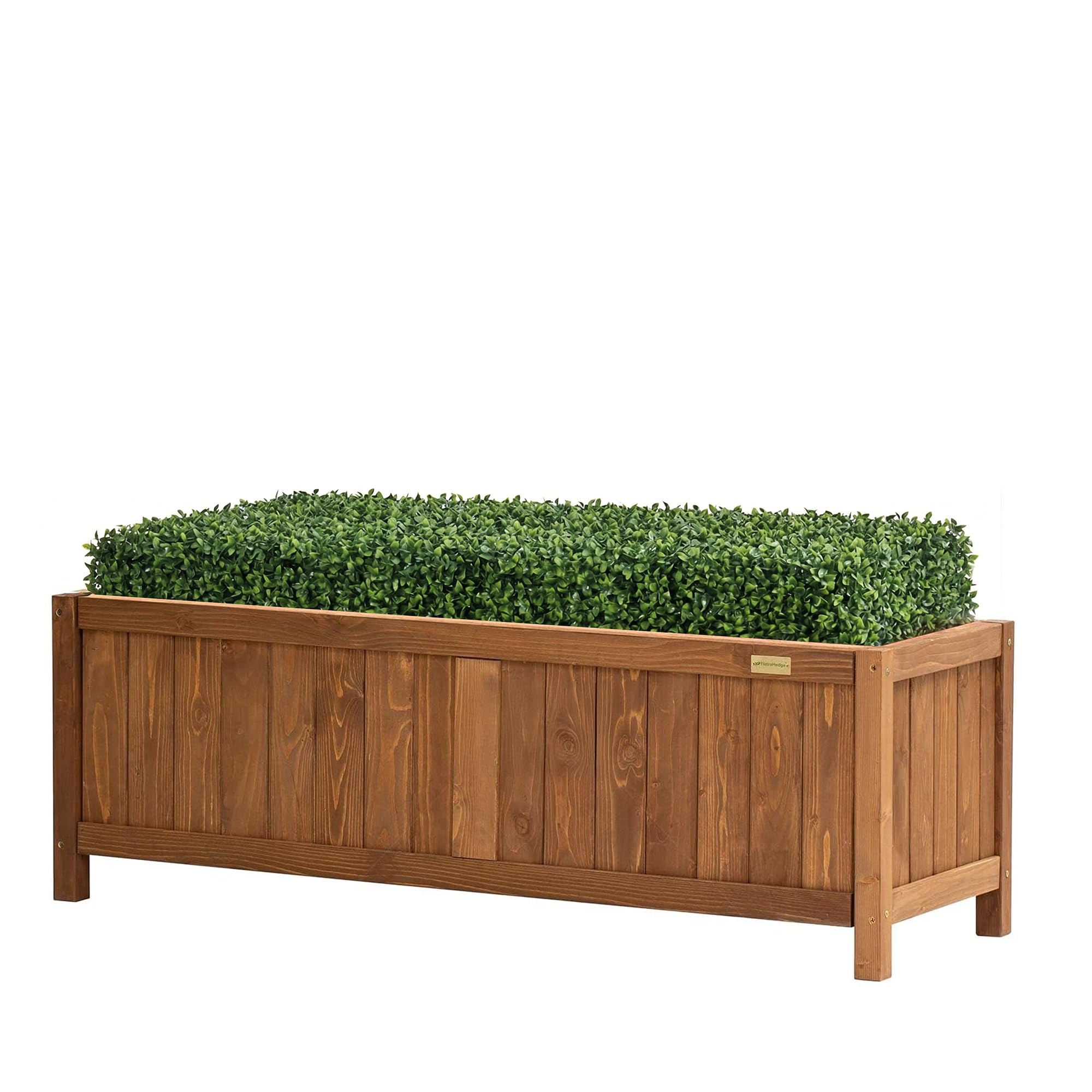 NatraHedge front view showing full-length planter and classic brown finish benefits curb appeal