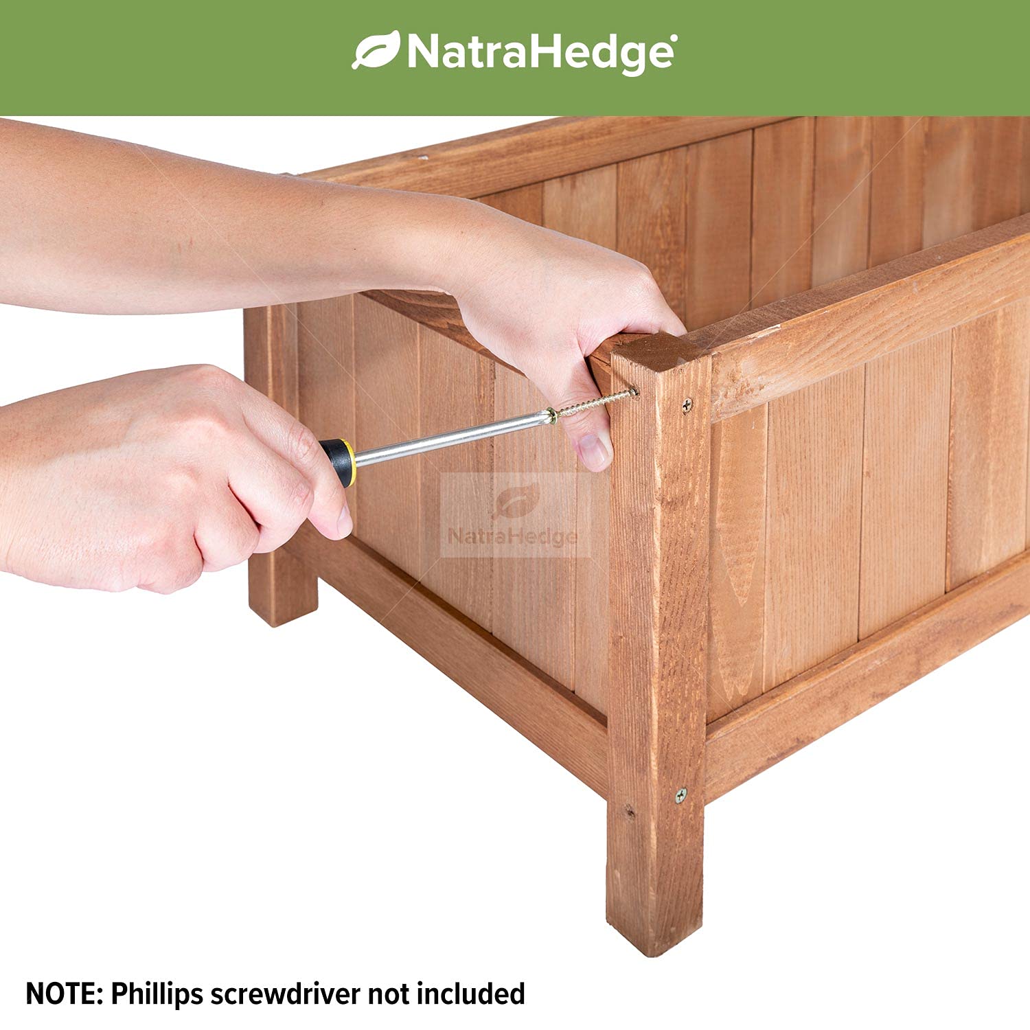 NatraHedge size comparison with person showing the planter's 44-inch scale for planning