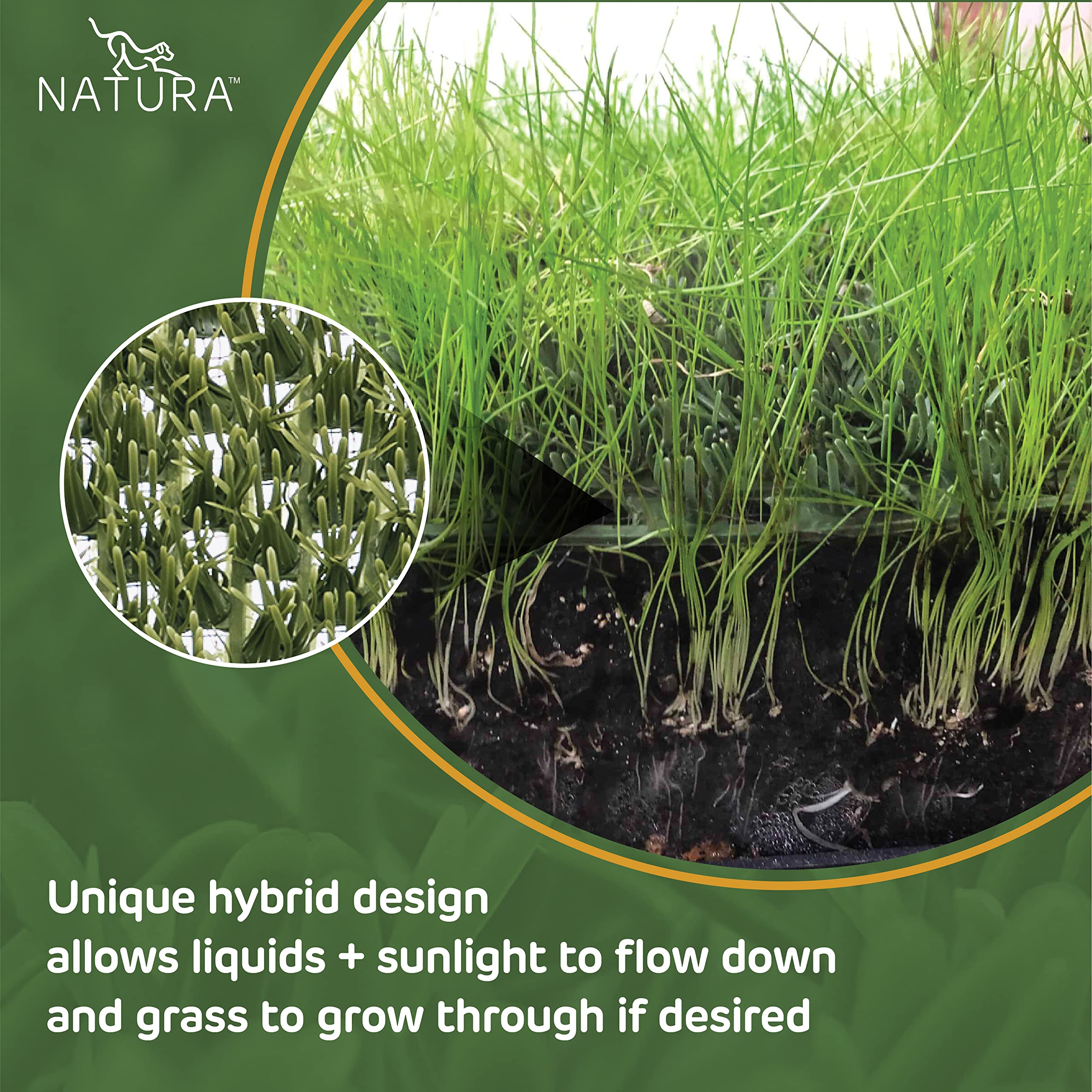 Natura Pet underside closeup showing permeable backing for natural drainage