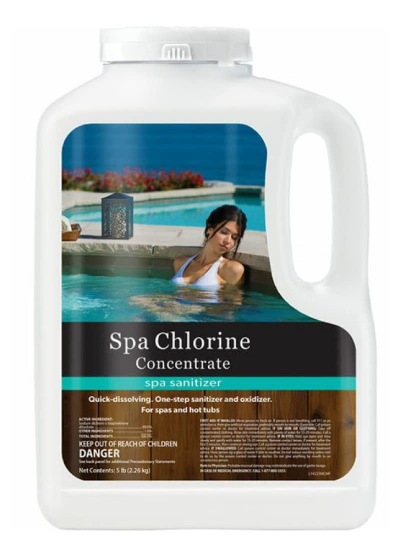 Natural Chemistry front packaging of 5 lb chlorine concentrate showing product and quick dosing benefit
