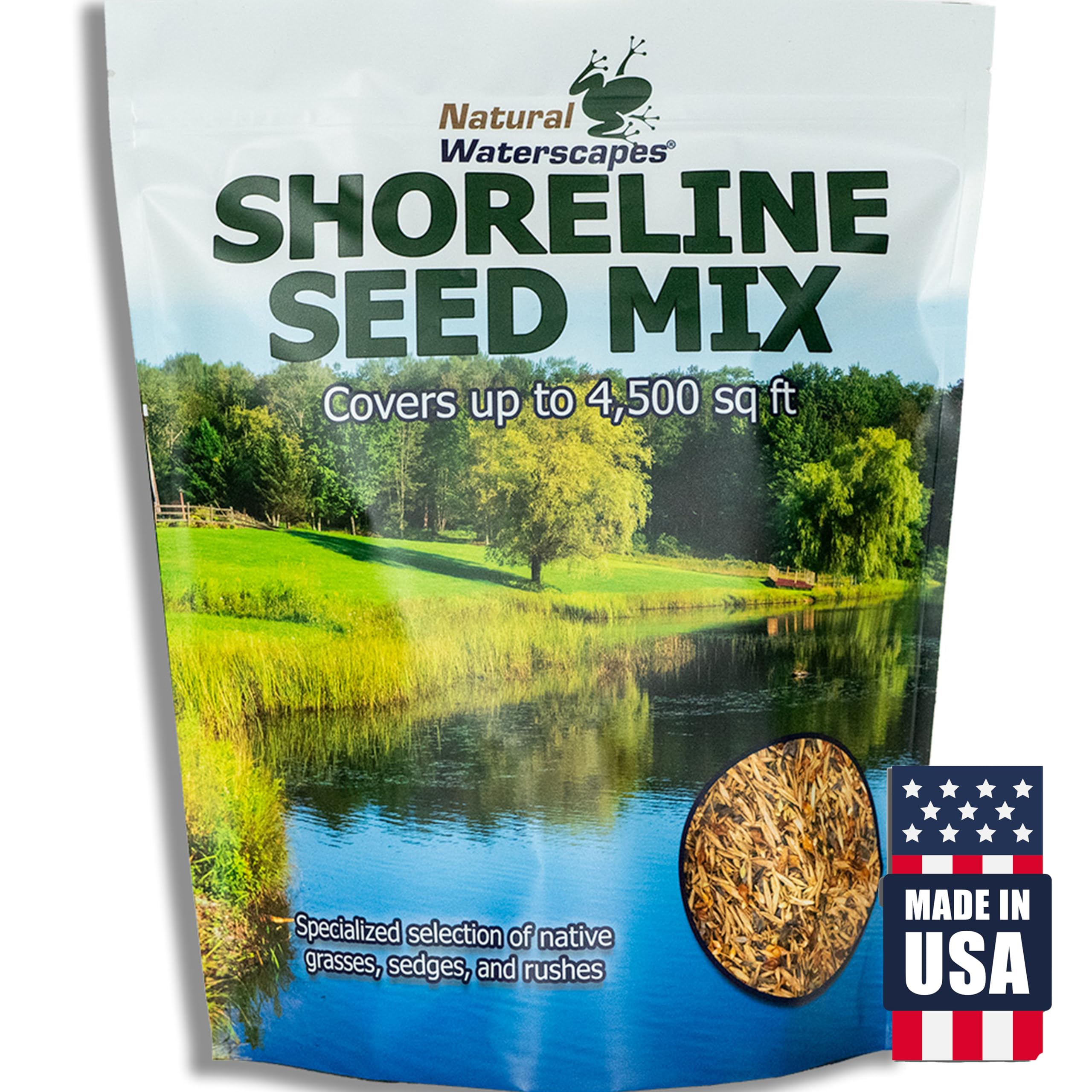 Natural Waterscapes front packaging showing Shoreline Seed Mix benefits