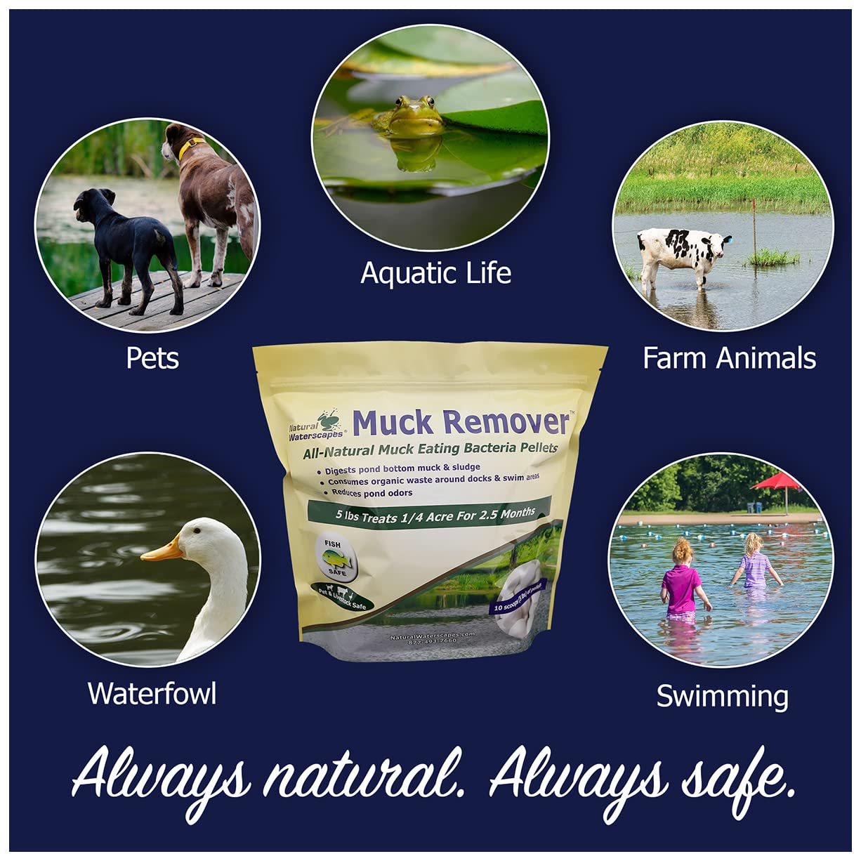 Natural Waterscapes label close-up showing bacteria blend and safe-for-wildlife benefit