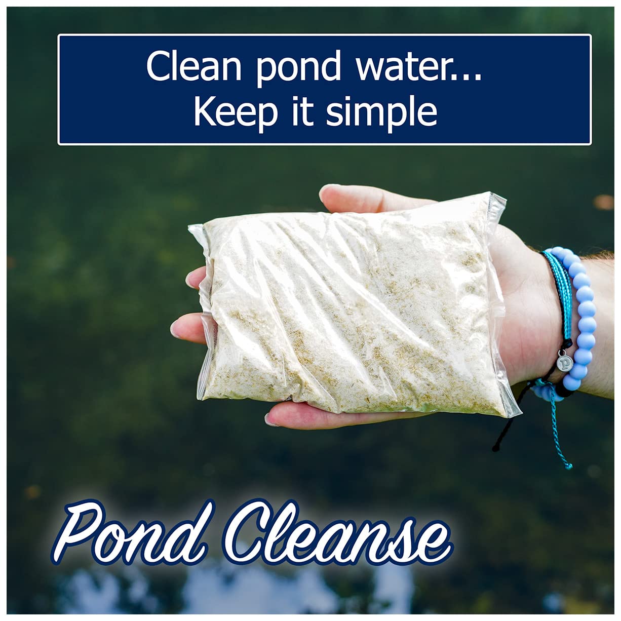 Natural Waterscapes Pond Cleanse dispersing in water near shoreline to clarify and treat nutrients