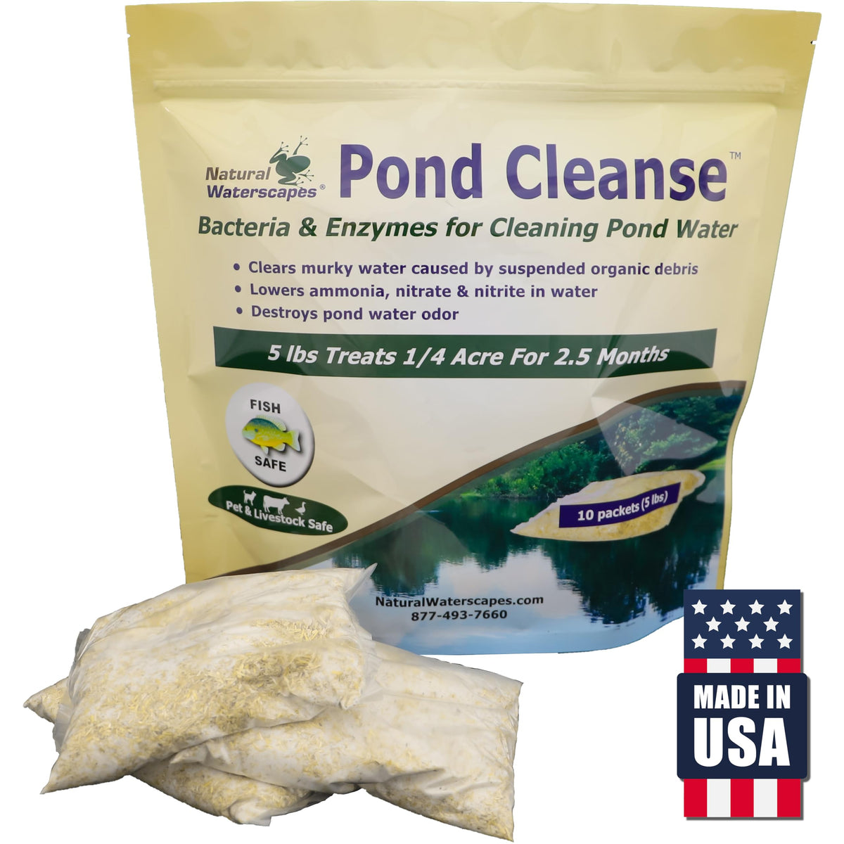 Natural Waterscapes Pond Cleanse front packaging showing product benefits and acreage treatment