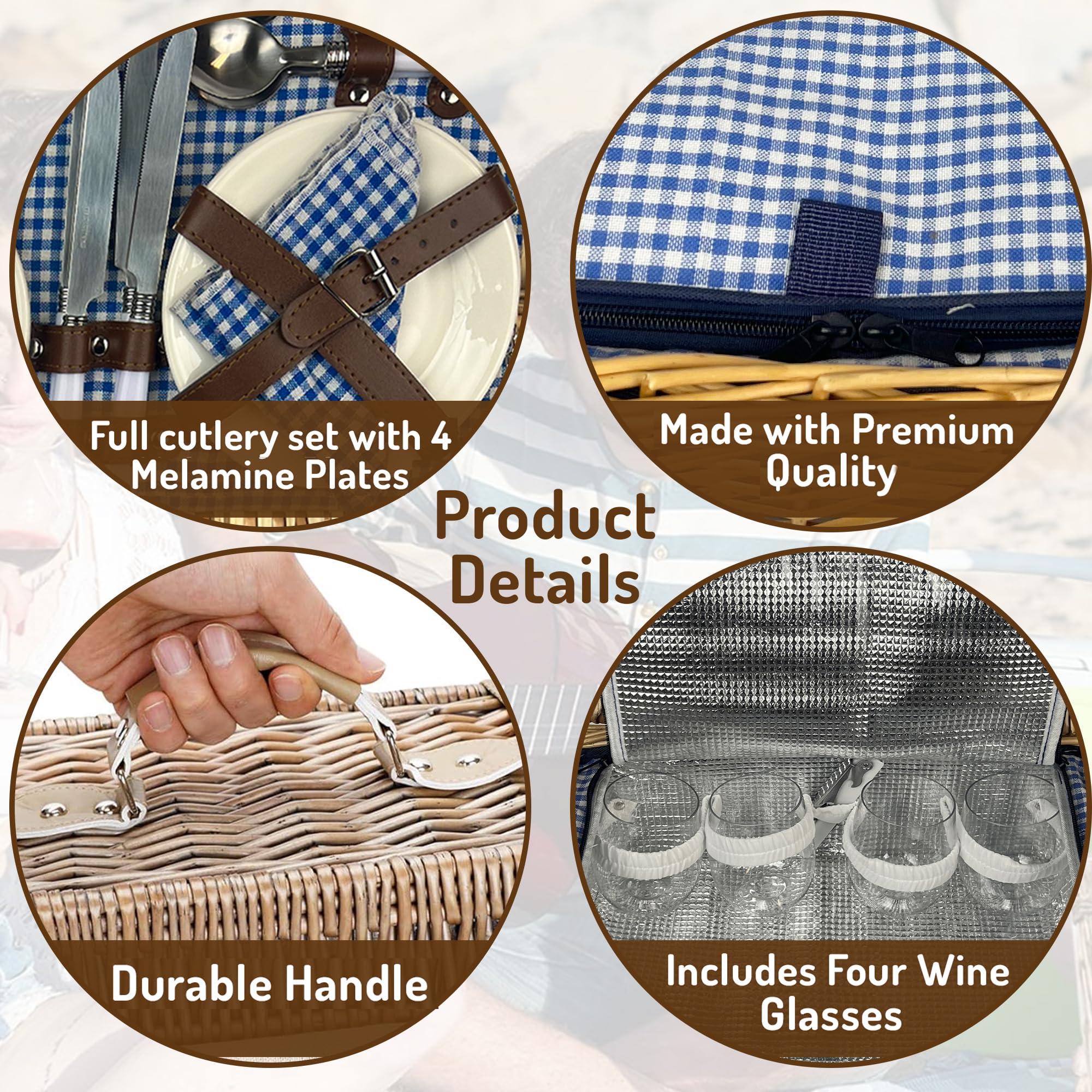 Nature Gear dinnerware and wine glasses arranged inside basket for organized secure transport