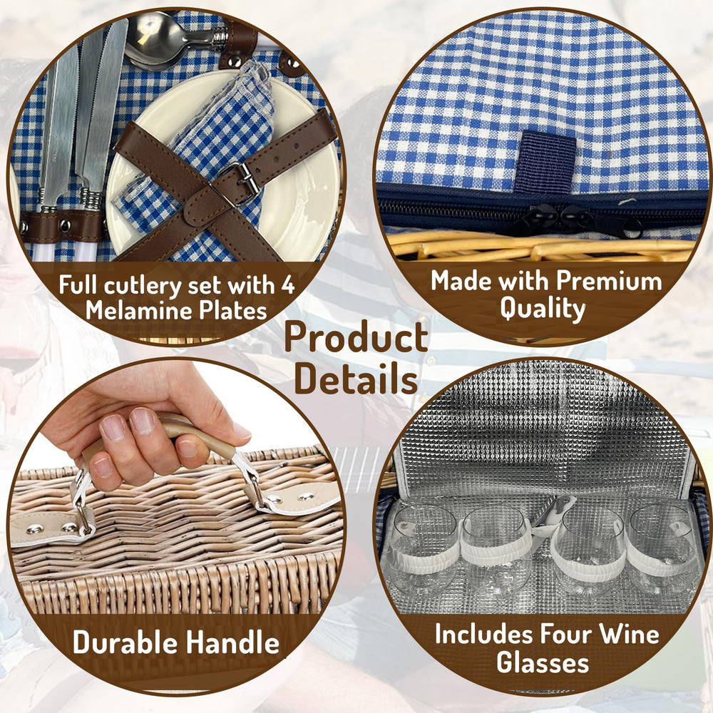 Nature Gear dinnerware and wine glasses arranged inside basket for organized secure transport