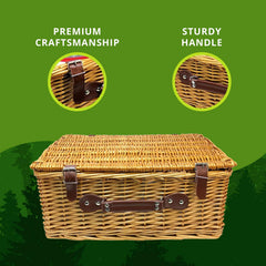Nature Gear arranged dinnerware and cutlery for four inside basket, organized serving convenience