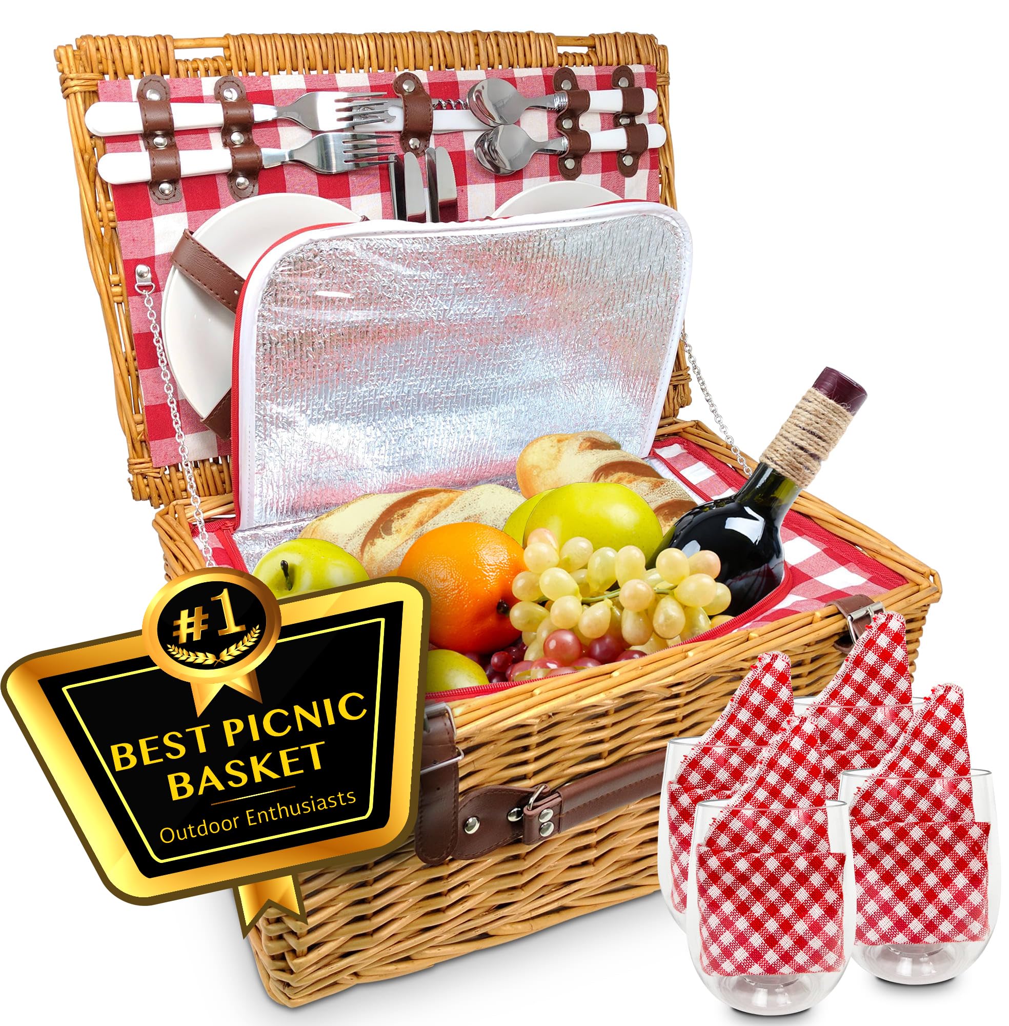Nature Gear front view of wicker picnic basket showing full set and red white pattern, attractive display