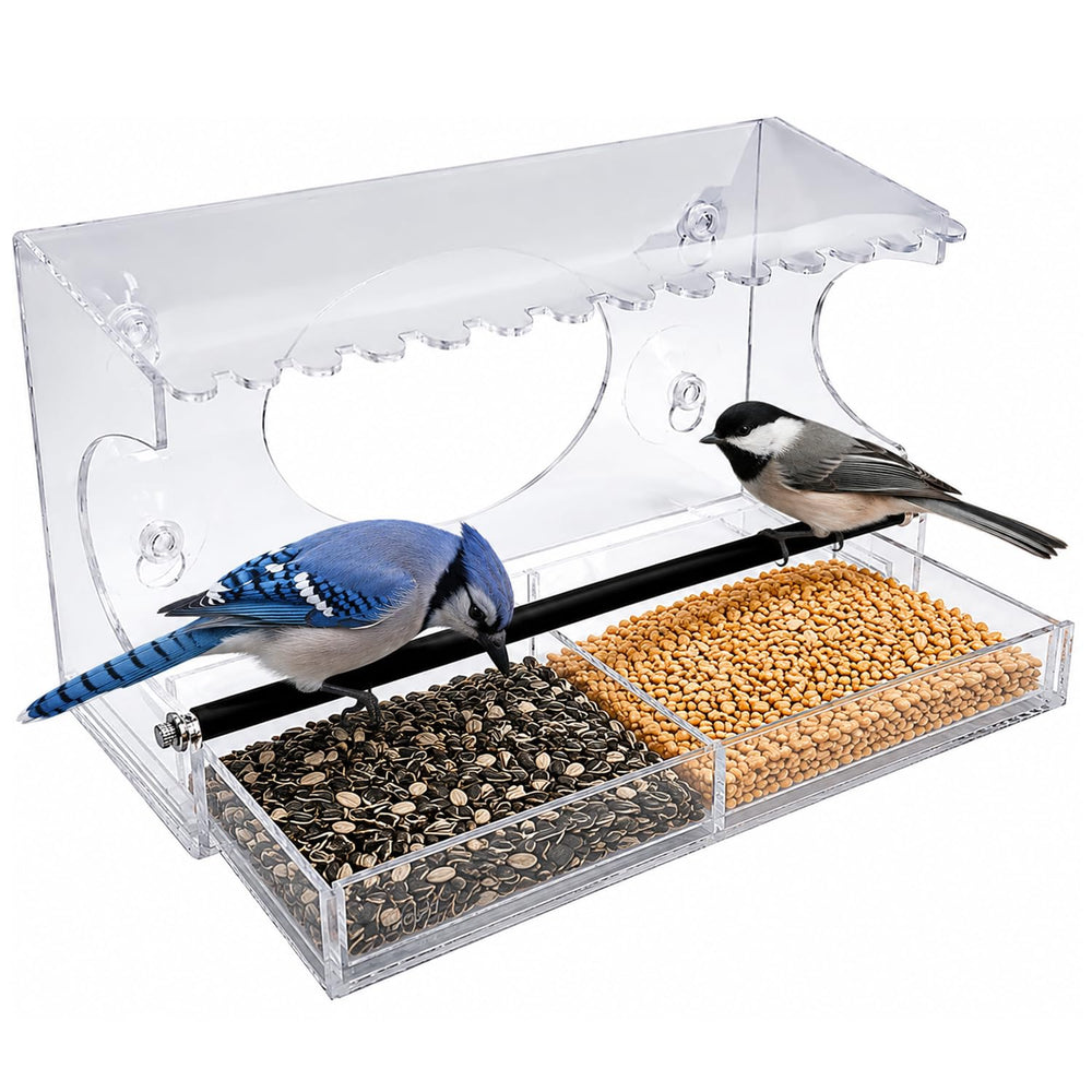 Nature Gear front view of clear window feeder showing full transparent design and easy viewing