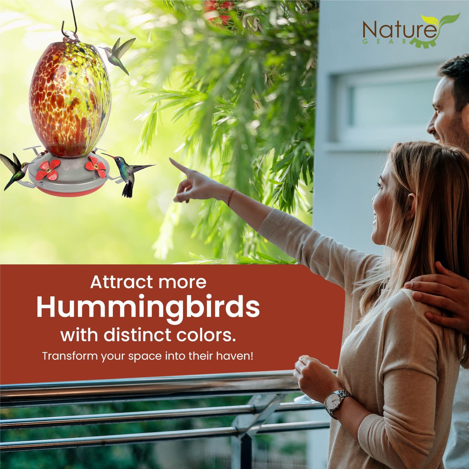 nature gear feeder hanging on porch creating a colorful birdwatching spot