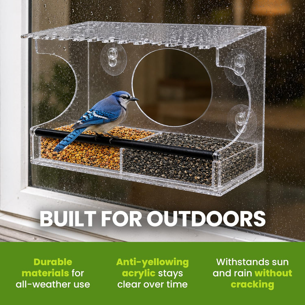 Nature Gear lifestyle scene at kitchen window showing up-close birdwatching enjoyment