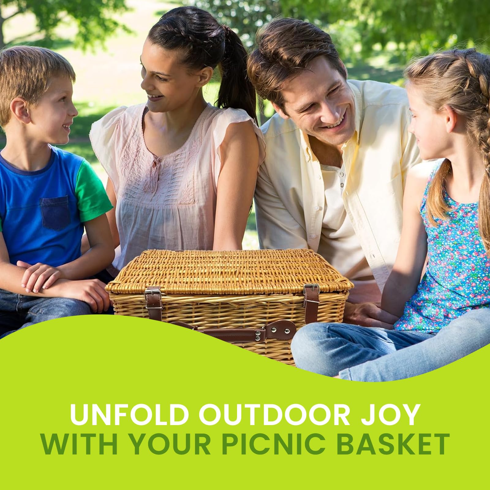 Nature Gear picnic scene in park with blanket and basket set up, enjoyable outdoor dining benefit