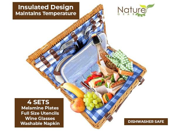 Nature Gear basket held by hand showing size and easy carrying for picnics or beach trips