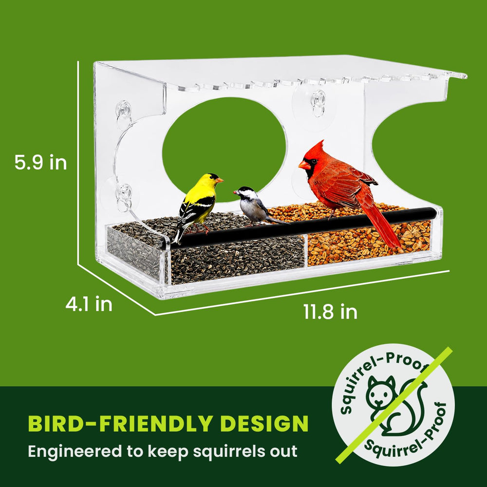 Nature Gear sliding seed tray removed to show easy refill and quick cleaning benefit