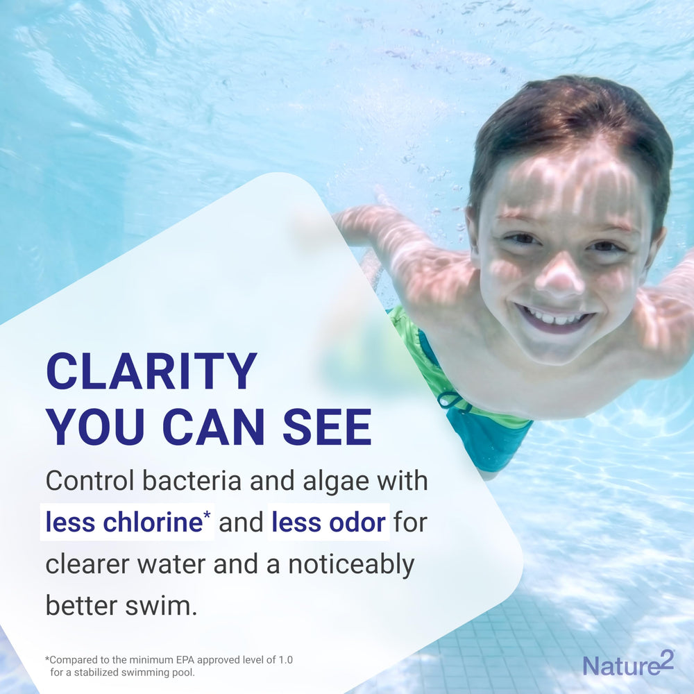 Nature2 G45 beside measuring gauge to show suitability for up to 45,000 gallon pools