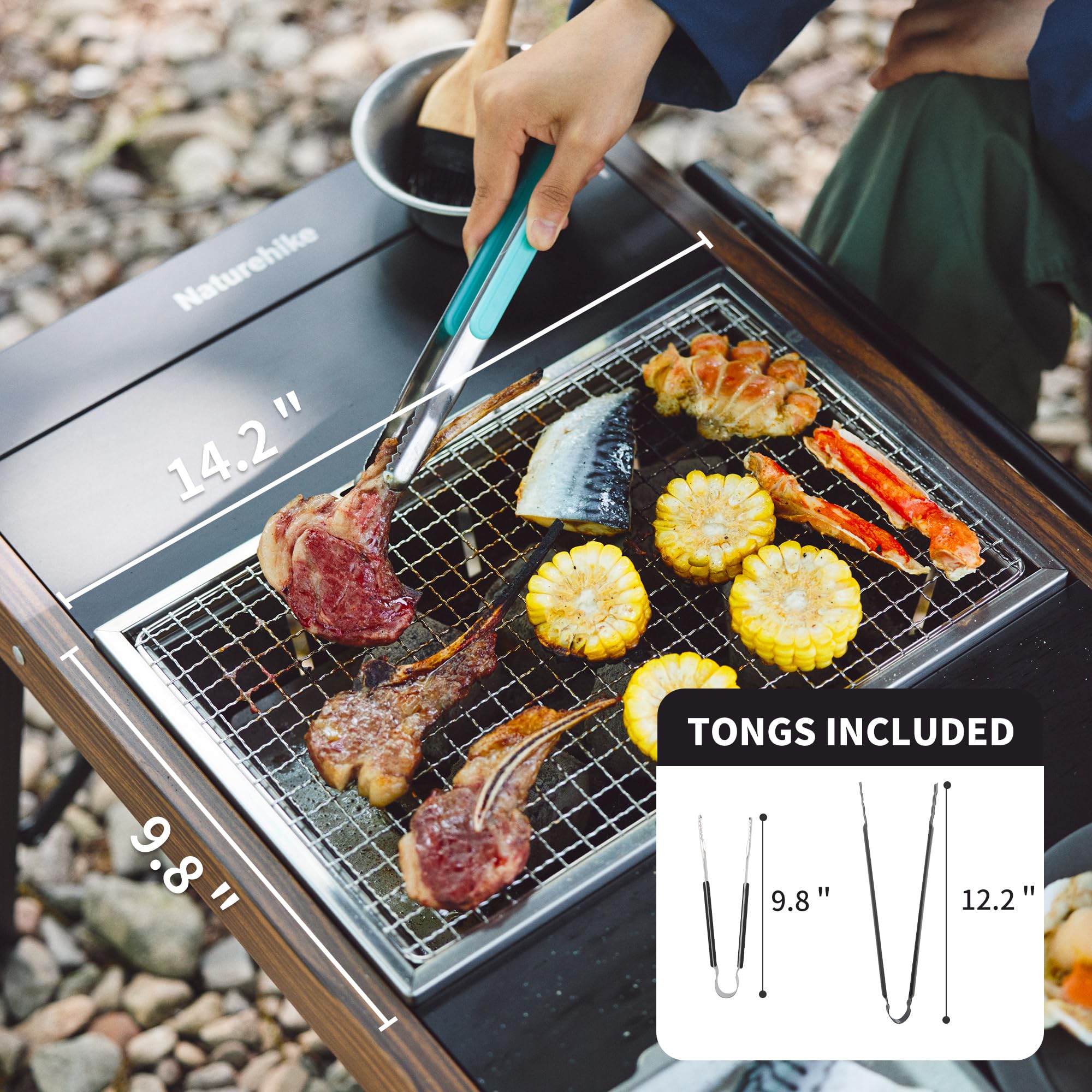 Naturehike grill cooking steak and vegetables at campsite offering reliable heat