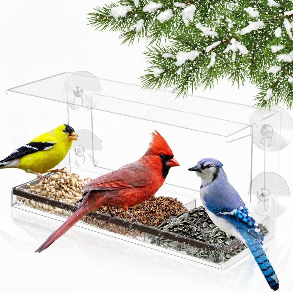 Nature's Hangout front view of window bird feeder showing compact long-style design and clear window benefit