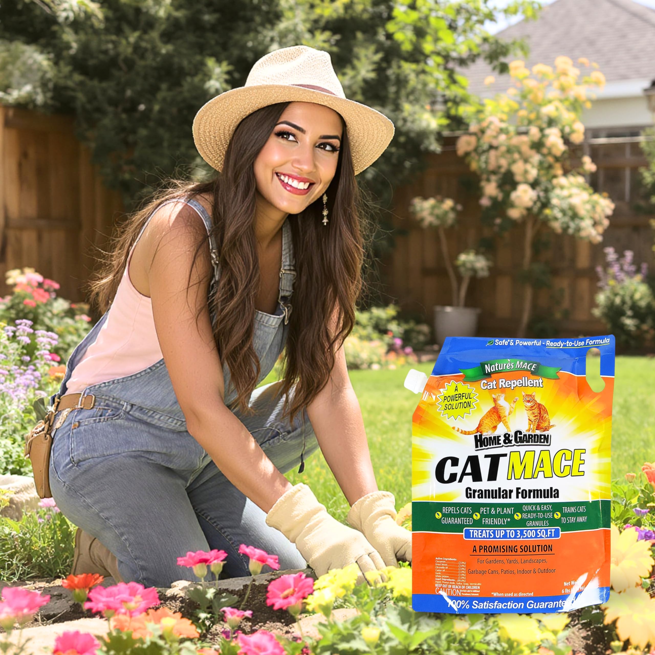 Nature's MACE spread on garden bed protecting flowers from digging cats
