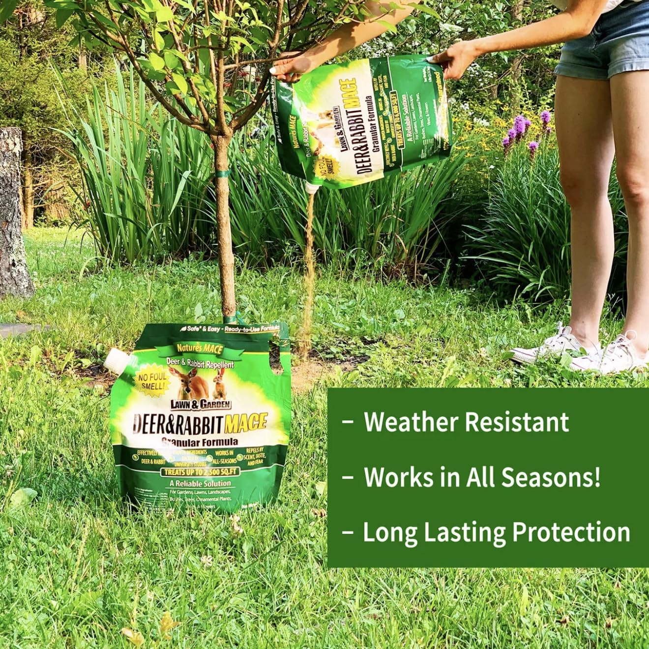 Nature's MACE bag next to small shrub showing 25 lb size reference